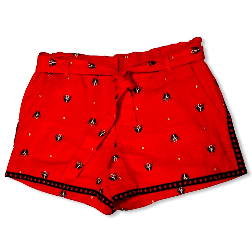 LOFT Bee Embroidered Red Tie Waist Shorts  XS